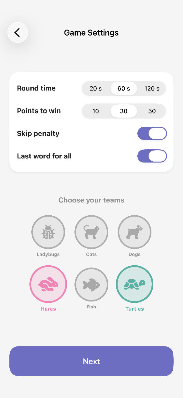 Choosing teams and game settings